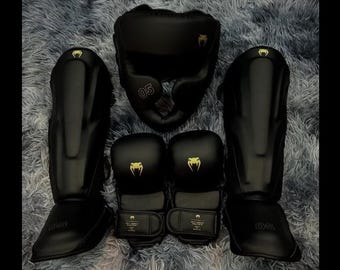 Venum Boxing Set - Personalized Boxing Headgear, Shin Guards and Leather Gloves | Ultimate MMA and Muay Thai Gear for professional fighters