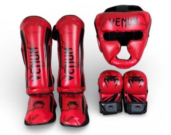 Leather Gloves Boxing Set – Personalized Gym Fitness Handmade Headgear and Shin Pads |MMA and Muay Thai Gloves | Complete Fighting Gear Kit
