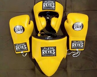 Conjunto de boxeo Cleto Reyes, conjunto de guantes de boxeo personalizados hechos a mano / conjunto de boxeo / guantes de sparring de cuero / protector de grion, casco l regalos de boxeo,