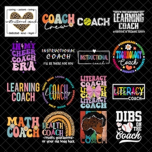 May include: A collection of colorful coach-themed designs on a black background. The designs include text such as "Instructional Coach," "Learning Coach," "Math Coach," and "Health Coach." Some designs feature sports equipment like a baseball and softball.