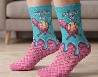 Personalized Ice Cream Drip Baseball Socks, Baseball Ice Cream Drip Design, Unique Baseball Gifts for Players, Birthday Gift Idea