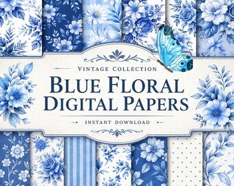 Paquete de papel digital floral azul Fondos florales azules Papel botánico imprimible para álbumes de recortes Páginas para diarios creativos Juego de papeles para álbumes de recortes