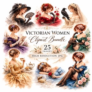 Victorian Women Clipart Bundle 25 Watercolor Ladies Vintage Fashion Portraits Romantic Antique Illustration Set Junk Journal Printable