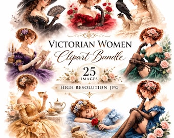 Paquete de 25 imágenes prediseñadas de mujeres victorianas: retratos de moda vintage en acuarela, ilustraciones románticas antiguas, diario basura imprimible.