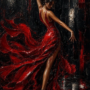 Könnte beinhalten: Ein Ölgemälde, das eine Figur in einem leuchtend roten Kleid mit hohem Schlitz und fließendem Rock in einer dynamischen Pose vor einem dunklen, strukturierten Hintergrund mit dunkelroten Akzenten zeigt. Das Werk weist dicke Pinselstriche auf.