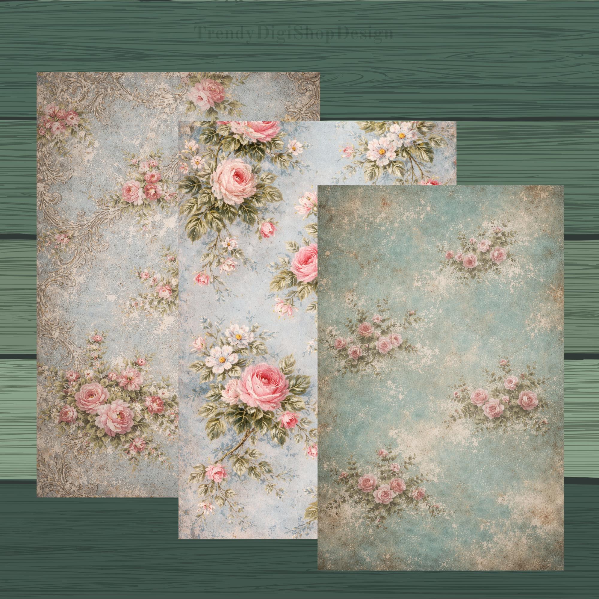Shabby Chic Digital Papers, Vintage Floral Scrapbook Paper, Rose Junk ...