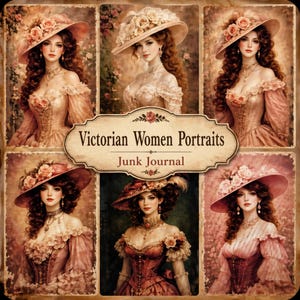 Könnte beinhalten: Eine Collage von sechs Vintage-Porträts von Frauen in viktorianischer Kleidung. Jedes Porträt zeigt eine Frau mit einem Blumenhut und einem detaillierten Kleid. Der Text "Victorian Women Portraits Junk Journal" ist auf einem Banner zu sehen.