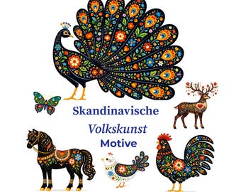 Paquete de imágenes prediseñadas de arte popular escandinavo, imágenes prediseñadas de animales nórdicos, animales de arte popular, motivos florales populares, ilustración imprimible