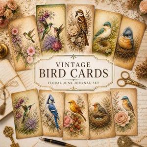 Könnte beinhalten: Eine Sammlung von Vintage-Vogelkarten mit floralen Designs. Die Karten zeigen Illustrationen verschiedener Vögel, darunter Kolibris, Blauracken und Spatzen, vor dem Hintergrund von Blumen und Blättern. Der Text "VINTAGE BIRD CARDS" ist deutlich sichtbar.