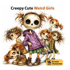 Könnte beinhalten: Digitale Illustration von Mädchen mit übertriebenen Merkmalen und großen Augen. Die zentrale Figur hat einen schädelartigen Kopf und trägt einen lila Kapuzenpullover. Der Text "Creepy Cute Weird Girls" und "16 Unique Characters" ist enthalten.