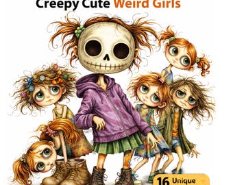 Paquete de imágenes PNG de chicas raras, espeluznantes y adorables: personajes emo extravagantes y distorsionados para revistas basura, sublimación, collage digital y proyectos de bricolaje.