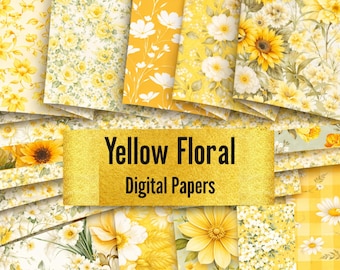 Geel bloemen digitaal papierpakket, lente bloemenachtergronden, botanisch printbaar scrapbookpapier, junk journal pagina's, bloemenset