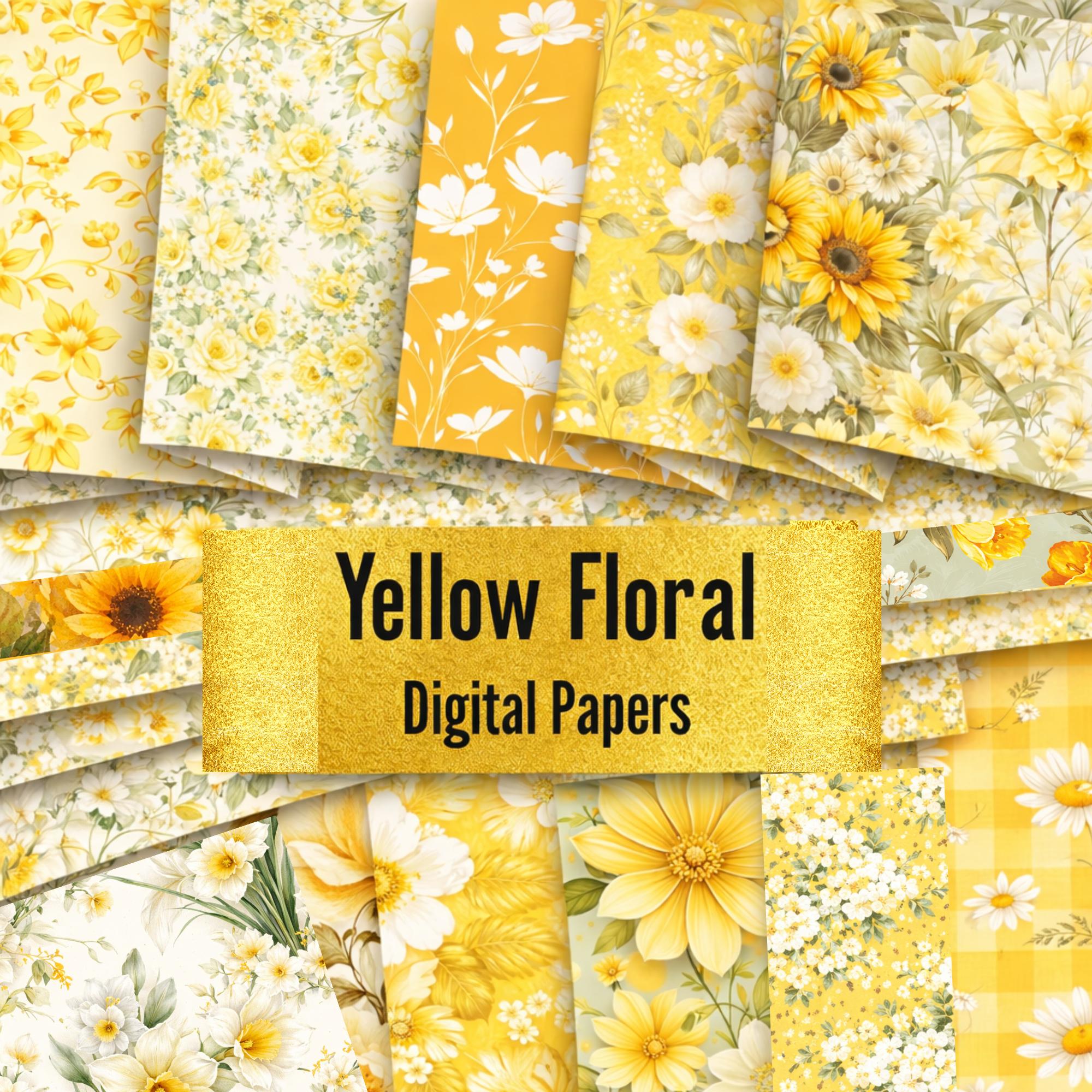Yellow Floral Digital Paper Pack Spring Floral Backgrounds Botanical ...