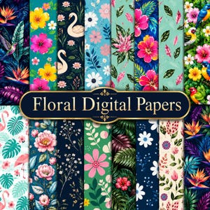 Floral Digital Papers Bundle, Tropical Botanical Patterns, Seamless Scrapbook Paper, Junk Journal Backgrounds, Printable Paper Pack