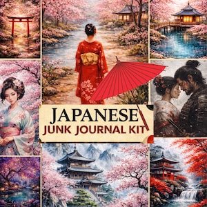 Könnte beinhalten: Eine Collage japanisch inspirierter Illustrationen. Die Bilder zeigen eine Frau in einem roten Kimono, einen roten Sonnenschirm, traditionelle Architektur, Kirschblüten und den Text "JAPANESE JUNK JOURNAL KIT". Die Farbpalette wird von Rot, Rosa und Grün dominiert.