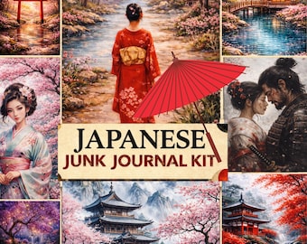 Páginas de diario japonés, paquete de papel digital Sakura, imprimible de flores de cerezo, efímeros de estética asiática, fondos para álbumes de recortes