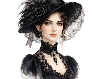 Paquete de imágenes prediseñadas de damas victorianas, colección de retratos de mujeres victorianas, ilustración de moda victoriana antigua, arte imprimible para diario basura