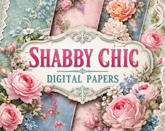 Papeles digitales estilo Shabby Chic, papel para álbumes de recortes con estampado floral vintage, imprimibles para diarios creativos con temática de rosas, paquete de papeles estilo casa de campo francesa, fondos imprimibles