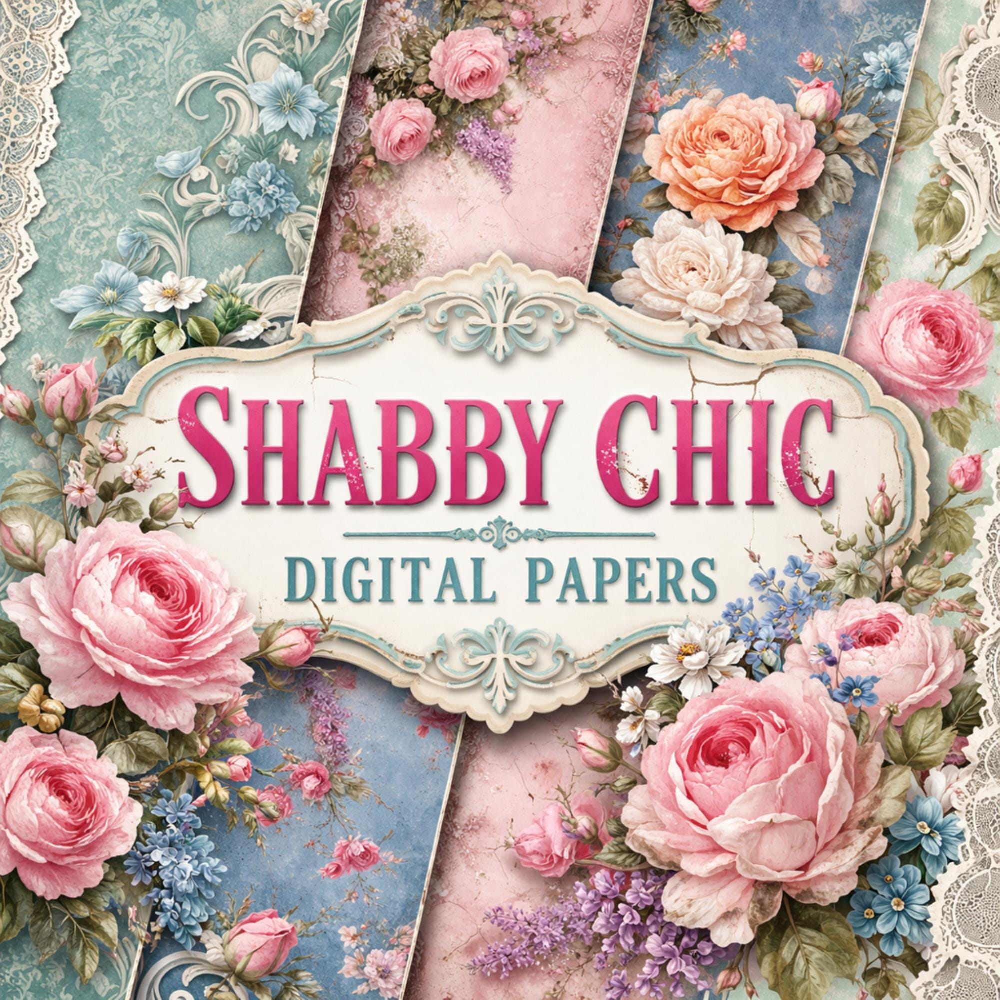 Shabby Chic Digital Papers, Vintage Floral Scrapbook Paper, Rose Junk ...