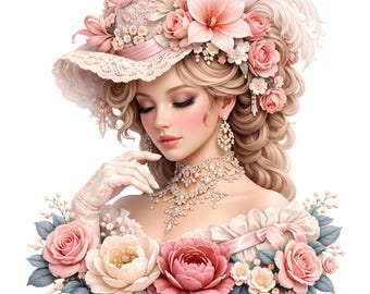 Paquete de imágenes prediseñadas de damas victorianas, elegantes retratos florales, efímeros vintage románticos, imprimibles para diarios creativos, conjunto de ilustraciones antiguas