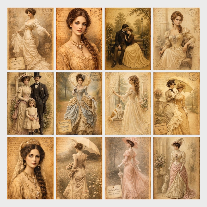 May include: A collection of vintage-style postcards featuring illustrations of women in elegant gowns and couples in romantic settings. The color palette is soft, with sepia tones and delicate details, evoking a sense of nostalgia and classic beauty.