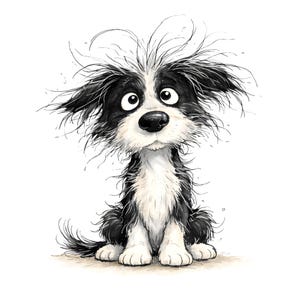 Könnte beinhalten: Eine skurrile Illustration eines schwarz-weißen Hundes mit ausdrucksstarken Augen und zerzaustem Fell. Der Cartoon-Hund sitzt, mit nach vorne gerichteten Vorderpfoten und eingerollter Rute. Das Kunstwerk hat einen verspielten, handgezeichneten Stil, ideal für Kinderzimmer oder Geschenke zum Thema Haustiere.