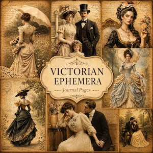 May include: Victorian Ephemera journal pages featuring vintage illustrations of people in period clothing, including women with parasols and couples in formal attire. The images have a sepia tone and are arranged in a collage.