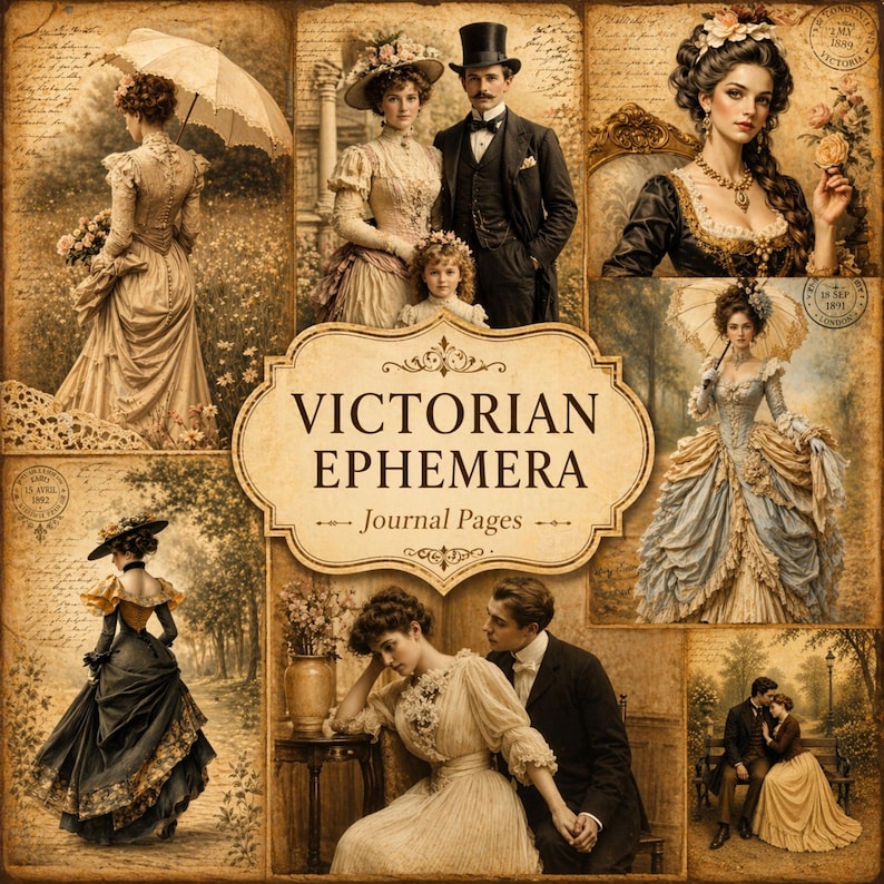 May include: Victorian Ephemera journal pages featuring vintage illustrations of people in period clothing, including women with parasols and couples in formal attire. The images have a sepia tone and are arranged in a collage.
