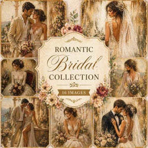 Könnte beinhalten: Eine digitale Kunstcollage mit romantischen Brautbildern. Das zentrale Bild zeigt den Text "ROMANTIC Bridal COLLECTION 16 IMAGES", umgeben von Blumenarrangements. Die Kollektion zeigt Paare und Bräute in eleganter Hochzeitskleidung.