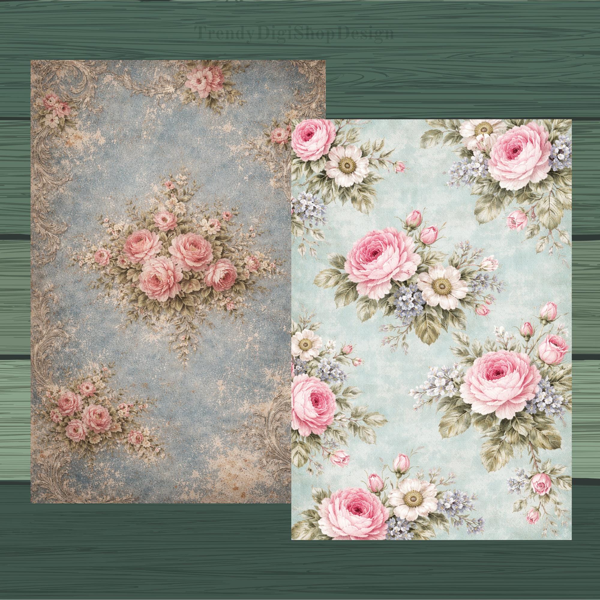 Shabby Chic Digital Papers, Vintage Floral Scrapbook Paper, Rose Junk ...