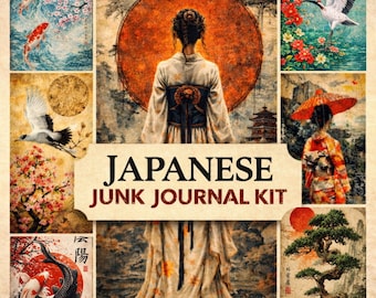 Paquete de papeles japoneses para diario creativo, páginas imprimibles de estilo asiático vintage, papeles de arte con estética oriental, kit de efímeros, fondos para álbumes de recortes.