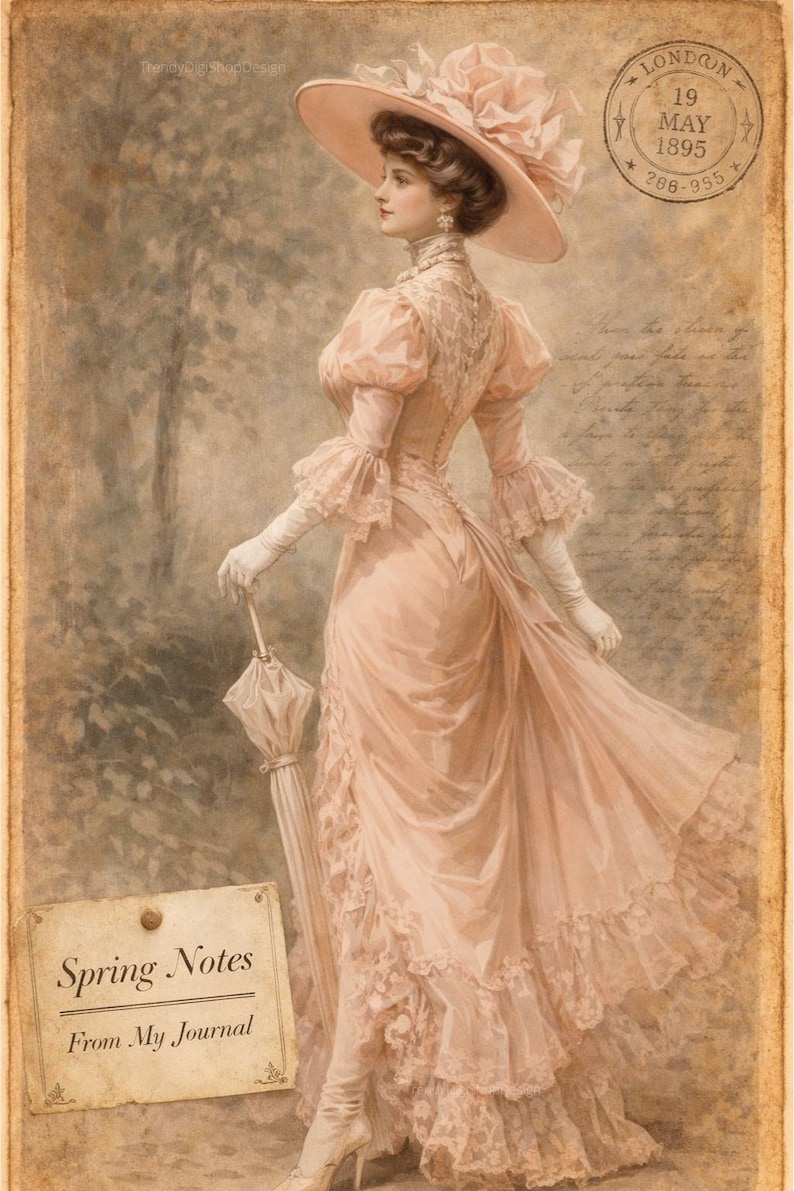 May include: Vintage illustration of a woman in a pink dress and hat, holding a parasol. The image has a sepia tone and features text that reads "Spring Notes From My Journal" and a London stamp dated May 19, 1895.