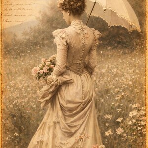 May include: Vintage-style painting of a person in a long, light-colored dress, holding a bouquet of flowers and a white parasol. The person is standing in a field of flowers. The image has a sepia tone and a romantic, nostalgic feel.