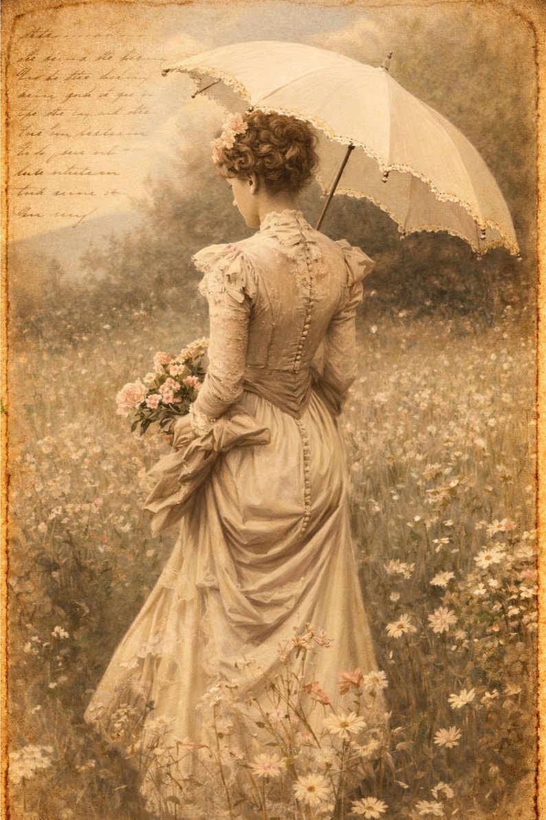 May include: Vintage-style painting of a person in a long, light-colored dress, holding a bouquet of flowers and a white parasol. The person is standing in a field of flowers. The image has a sepia tone and a romantic, nostalgic feel.