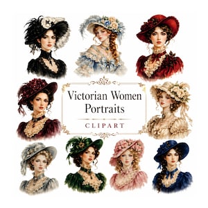 Könnte beinhalten: Eine Sammlung von Aquarellporträts viktorianischer Frauen. Jedes Porträt zeigt eine Frau mit detailliertem Hut und eleganter Kleidung. Das Bild enthält den Text "Victorian Women Portraits" und "Clipart".