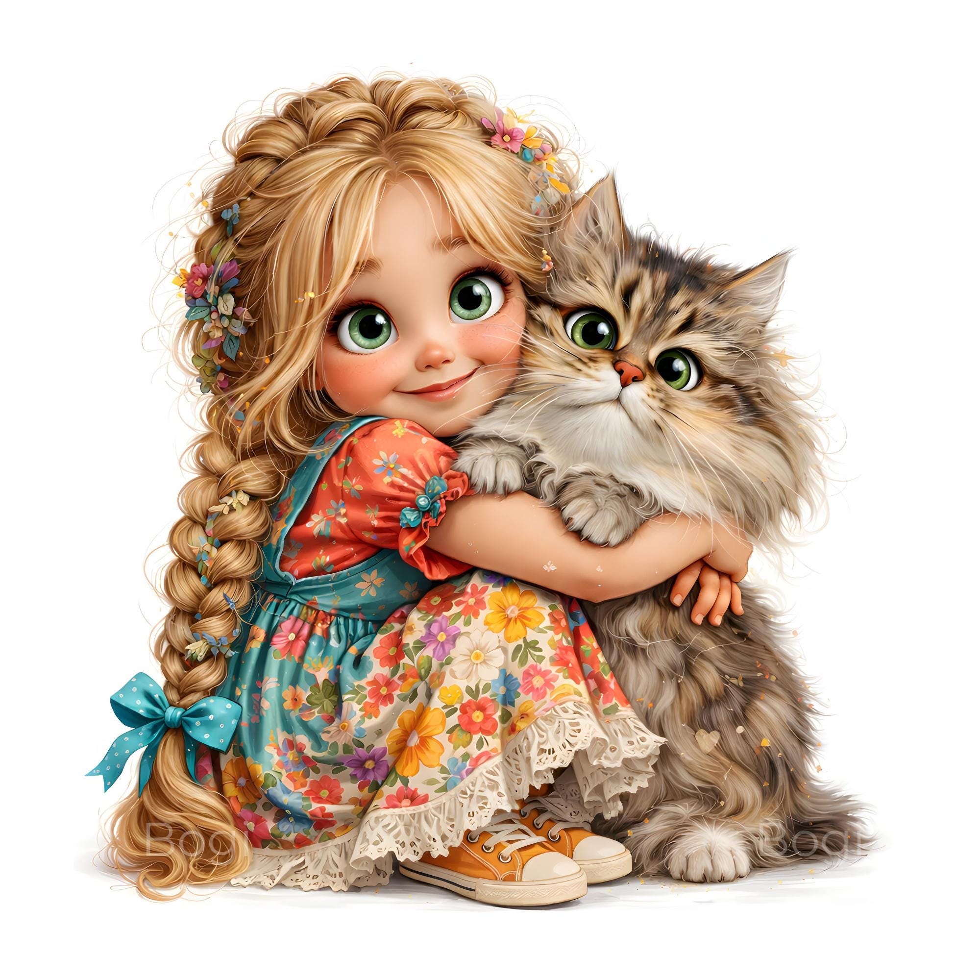 25 Watercolor Girl and Cat Clipart – Cute Whimsical Girls With Cats ...