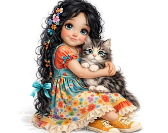 25 imágenes prediseñadas de niña y gato en acuarela: adorables y divertidas chicas con gatos, set JPG para scrapbooking, diarios, tarjetas y proyectos de bricolaje.