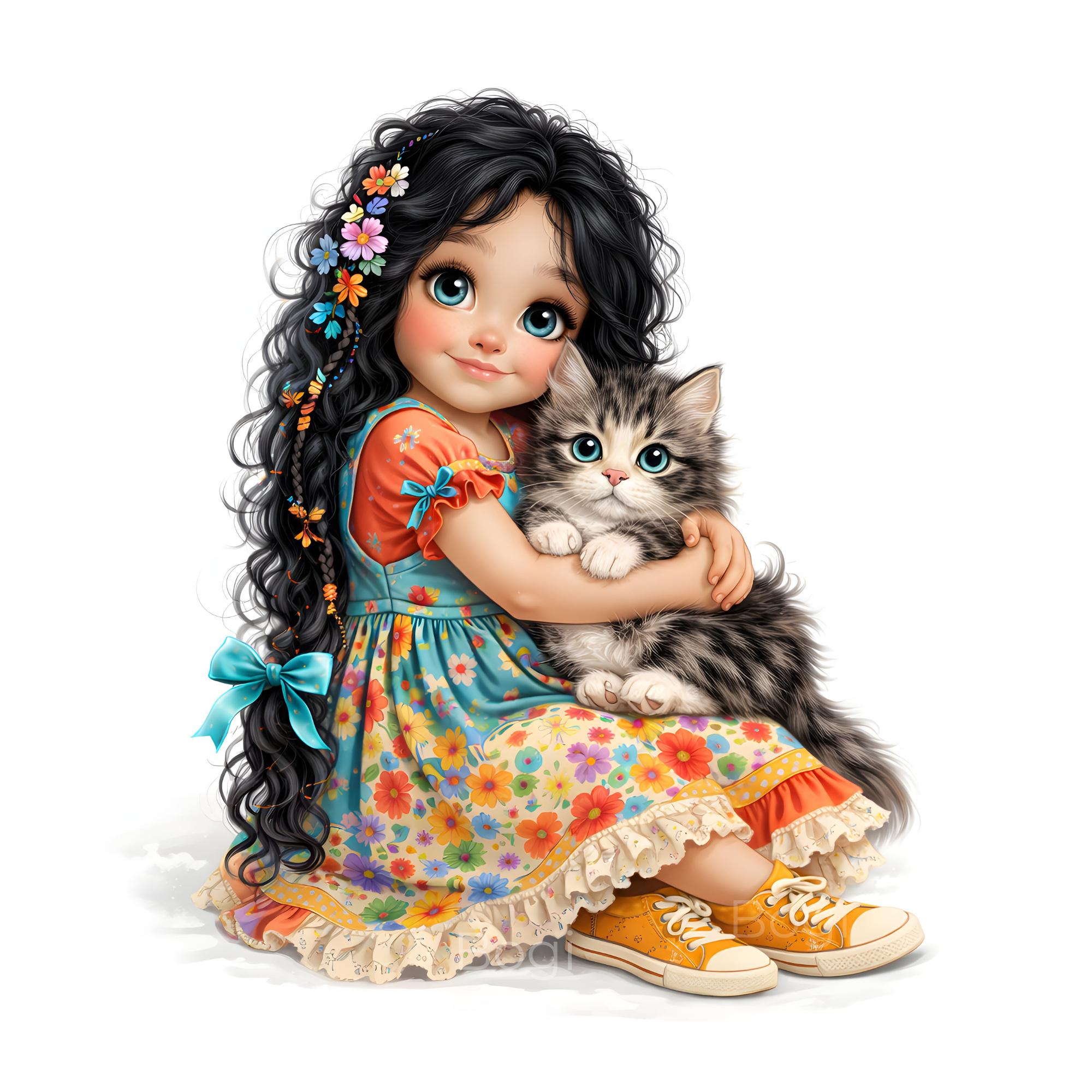 25 Watercolor Girl and Cat Clipart – Cute Whimsical Girls With Cats ...