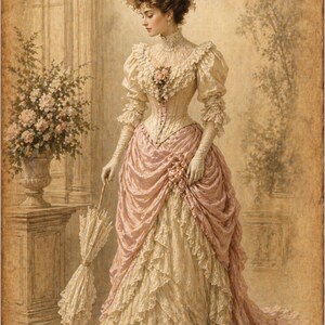 May include: A vintage-style illustration of a woman in an antique dress. The dress is cream-colored with pink accents and lace details. She wears a matching hat and holds a lace parasol. The background is a sepia tone.