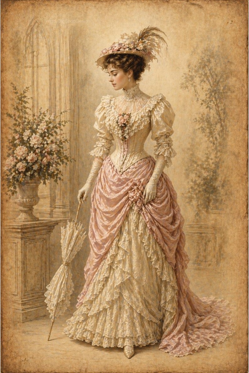 May include: A vintage-style illustration of a woman in an antique dress. The dress is cream-colored with pink accents and lace details. She wears a matching hat and holds a lace parasol. The background is a sepia tone.