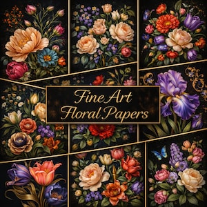 Op de afbeelding: Een verzameling fijne kunst bloemenpapieren. De afbeelding toont verschillende bloemstukken tegen een donkere achtergrond met gouden accenten. De bloemen omvatten rozen, tulpen en irissen in tinten oranje, roze, paars en blauw. De tekst "Fine Art Floral Papers" is zichtbaar.