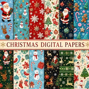 Könnte beinhalten: Eine Sammlung digitaler Weihnachtspapiere mit verschiedenen festlichen Mustern, darunter der Weihnachtsmann, Schneemänner, Rentiere, Lebkuchenmännchen, Schneeflocken, Weihnachtssterne, Tannenbäume, Zuckerstangen und Geschenke in Rot, Grün, Blau und Creme.