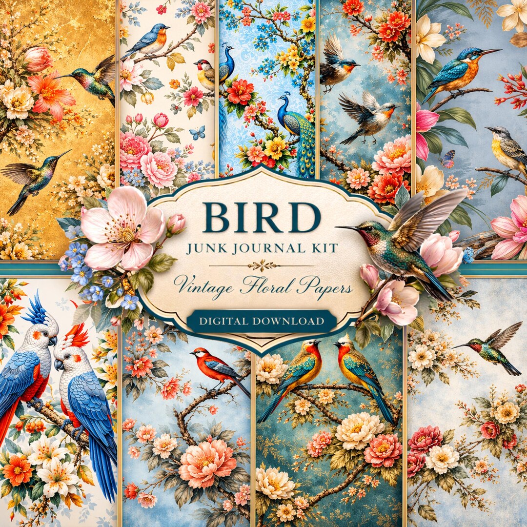 Bird Digital Papers, Junk Journal Kit, Floral Scrapbook Paper ...