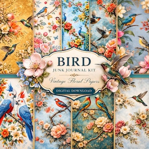 Könnte beinhalten: Ein digitaler Download von Vintage-Blumenpapieren für ein Junk-Journal-Kit. Das Design zeigt farbenfrohe Vögel, Blumen und Blätter. Der Text auf dem Bild lautet "BIRD JUNK JOURNAL KIT Vintage Floral Papers DIGITAL DOWNLOAD."
