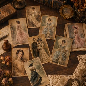 May include: A collection of vintage-style postcards featuring illustrations of women in elegant Victorian-era dresses. The cards have a sepia tone and are arranged on a dark wooden surface, with other antique items like a wooden box and a pen.