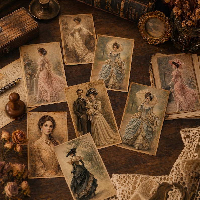 May include: A collection of vintage-style postcards featuring illustrations of women in elegant Victorian-era dresses. The cards have a sepia tone and are arranged on a dark wooden surface, with other antique items like a wooden box and a pen.