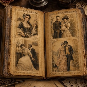 May include: An open antique photo album with sepia-toned images of Victorian-era people. The album's pages display portraits of couples and individuals in period clothing. The album has a worn, leather-bound cover, suggesting age and historical significance.