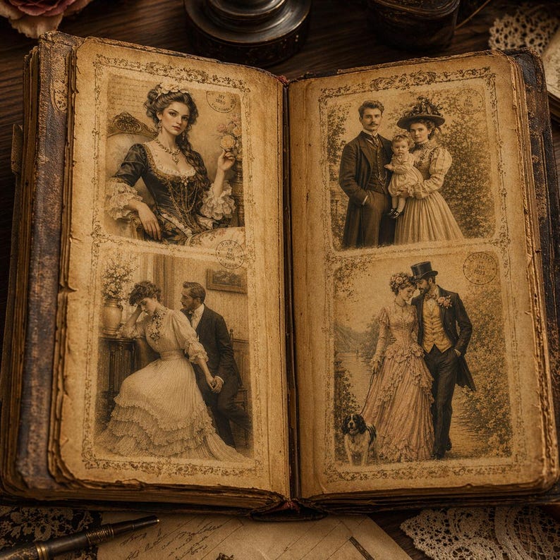 May include: An open antique photo album with sepia-toned images of Victorian-era people. The album's pages display portraits of couples and individuals in period clothing. The album has a worn, leather-bound cover, suggesting age and historical significance.