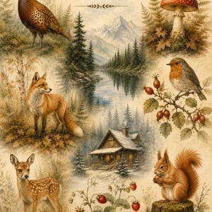 Woodland Animals Junk Journal Kit, Woodland Animal Art, Vintage Nature Prints, Cottagecore Ephemera, Printable Journal Pages
