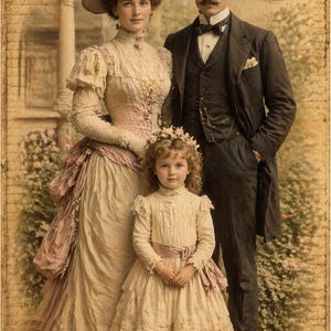 May include: Vintage family portrait featuring a woman in a cream dress and hat, a man in a black suit and top hat, and a girl in a cream dress. The image has a sepia tone, evoking a sense of nostalgia and historical elegance.
